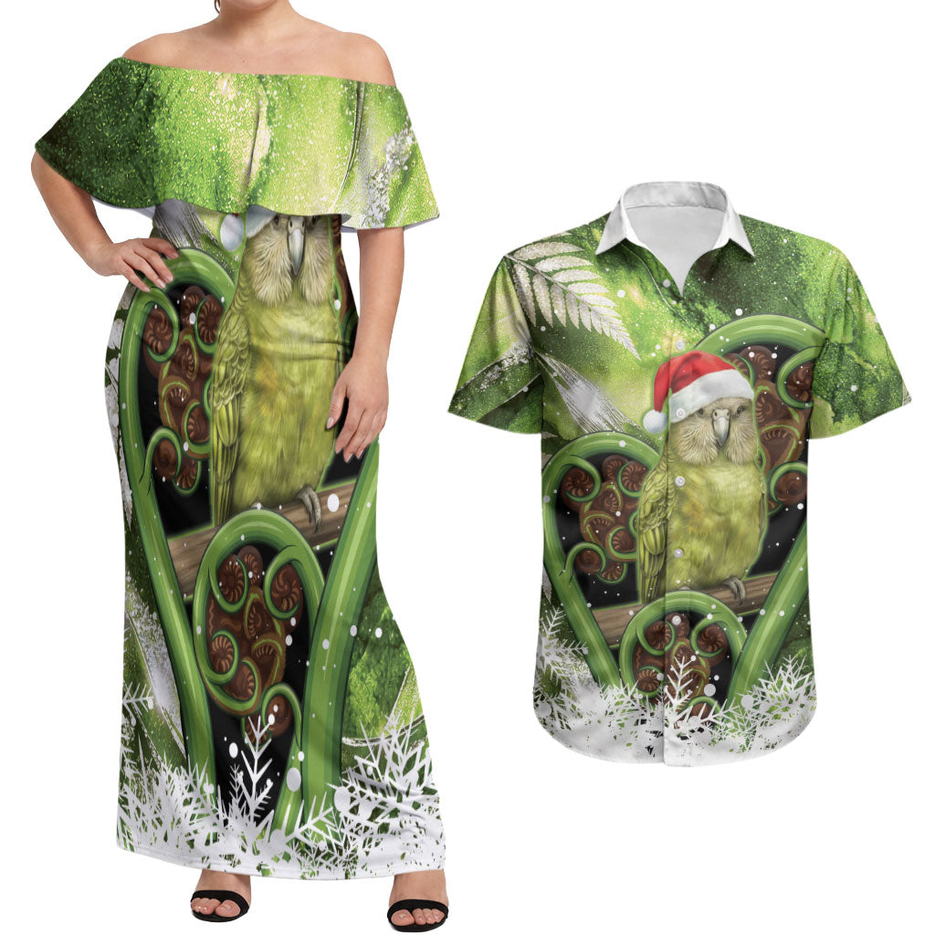 Kakapo New Zealand Christmas In July Couples Matching Off Shoulder Maxi Dress and Hawaiian Shirt NZ Aroha Koru Fern Marble Vibes LT14 Green - Polynesian Pride