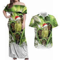 Kakapo New Zealand Christmas In July Couples Matching Off Shoulder Maxi Dress and Hawaiian Shirt NZ Aroha Koru Fern Marble Vibes LT14 Green - Polynesian Pride