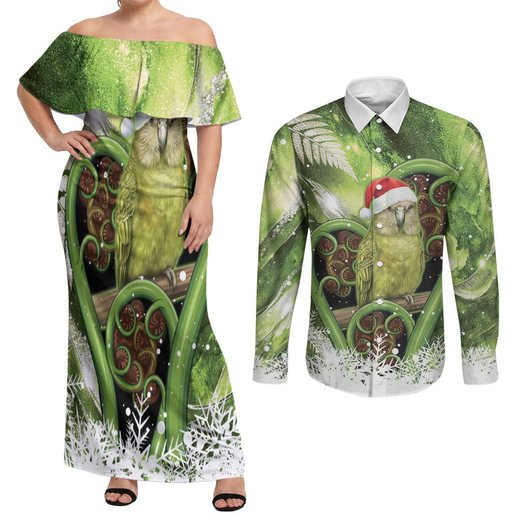 Kakapo New Zealand Christmas In July Couples Matching Off Shoulder Maxi Dress and Long Sleeve Button Shirt NZ Aroha Koru Fern Marble Vibes LT14 Green - Polynesian Pride