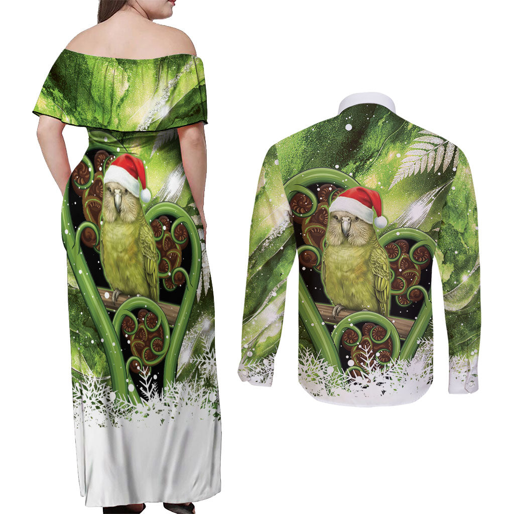 Kakapo New Zealand Christmas In July Couples Matching Off Shoulder Maxi Dress and Long Sleeve Button Shirt NZ Aroha Koru Fern Marble Vibes LT14 - Polynesian Pride