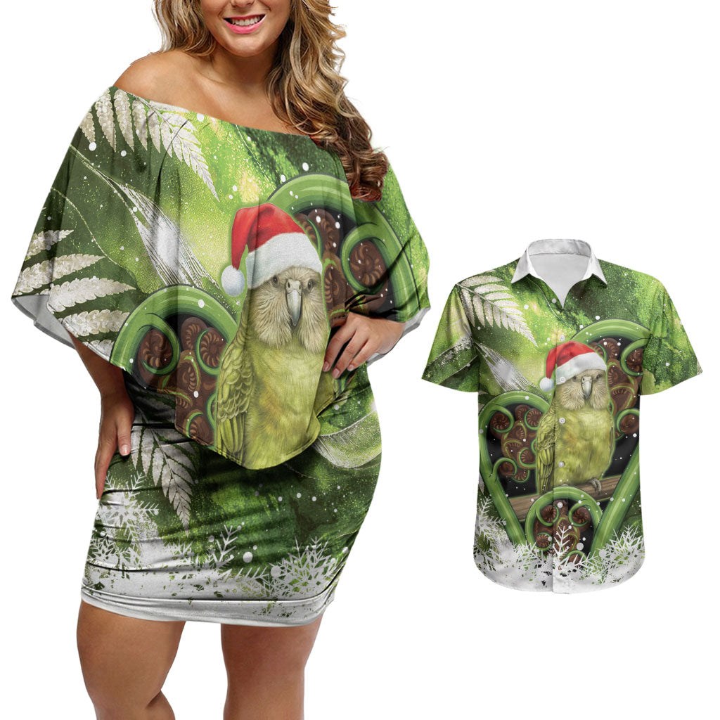 Kakapo New Zealand Christmas In July Couples Matching Off Shoulder Short Dress and Hawaiian Shirt NZ Aroha Koru Fern Marble Vibes LT14 Green - Polynesian Pride