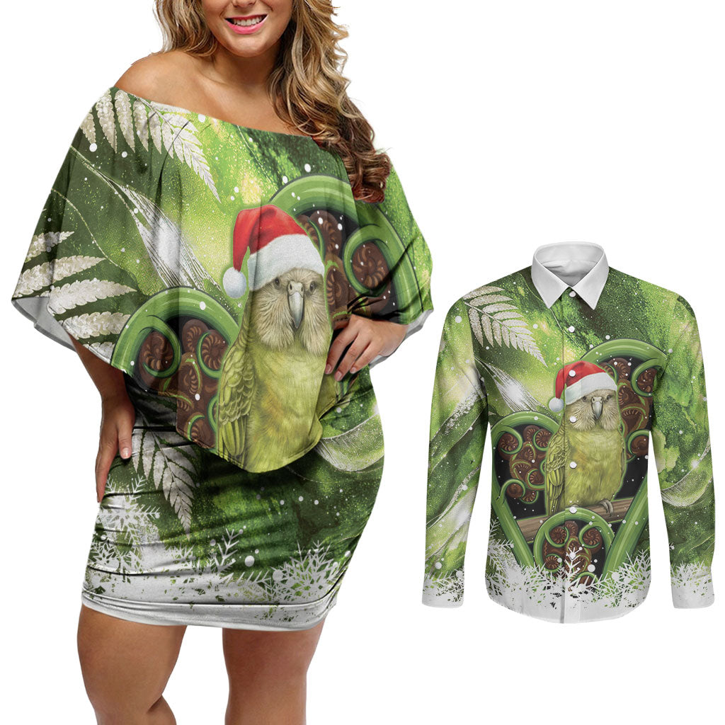 Kakapo New Zealand Christmas In July Couples Matching Off Shoulder Short Dress and Long Sleeve Button Shirt NZ Aroha Koru Fern Marble Vibes LT14 Green - Polynesian Pride