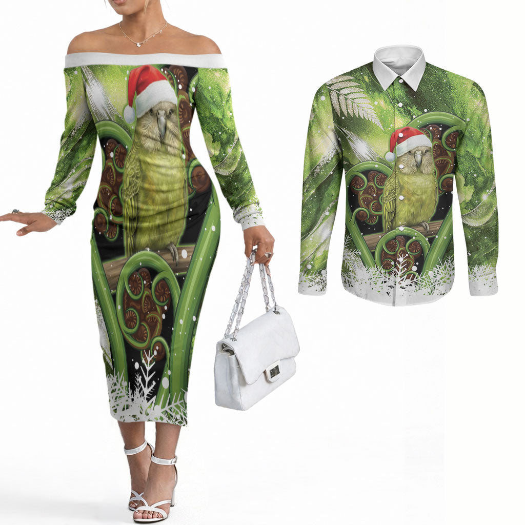 Kakapo New Zealand Christmas In July Couples Matching Off The Shoulder Long Sleeve Dress and Long Sleeve Button Shirt NZ Aroha Koru Fern Marble Vibes LT14 Green - Polynesian Pride