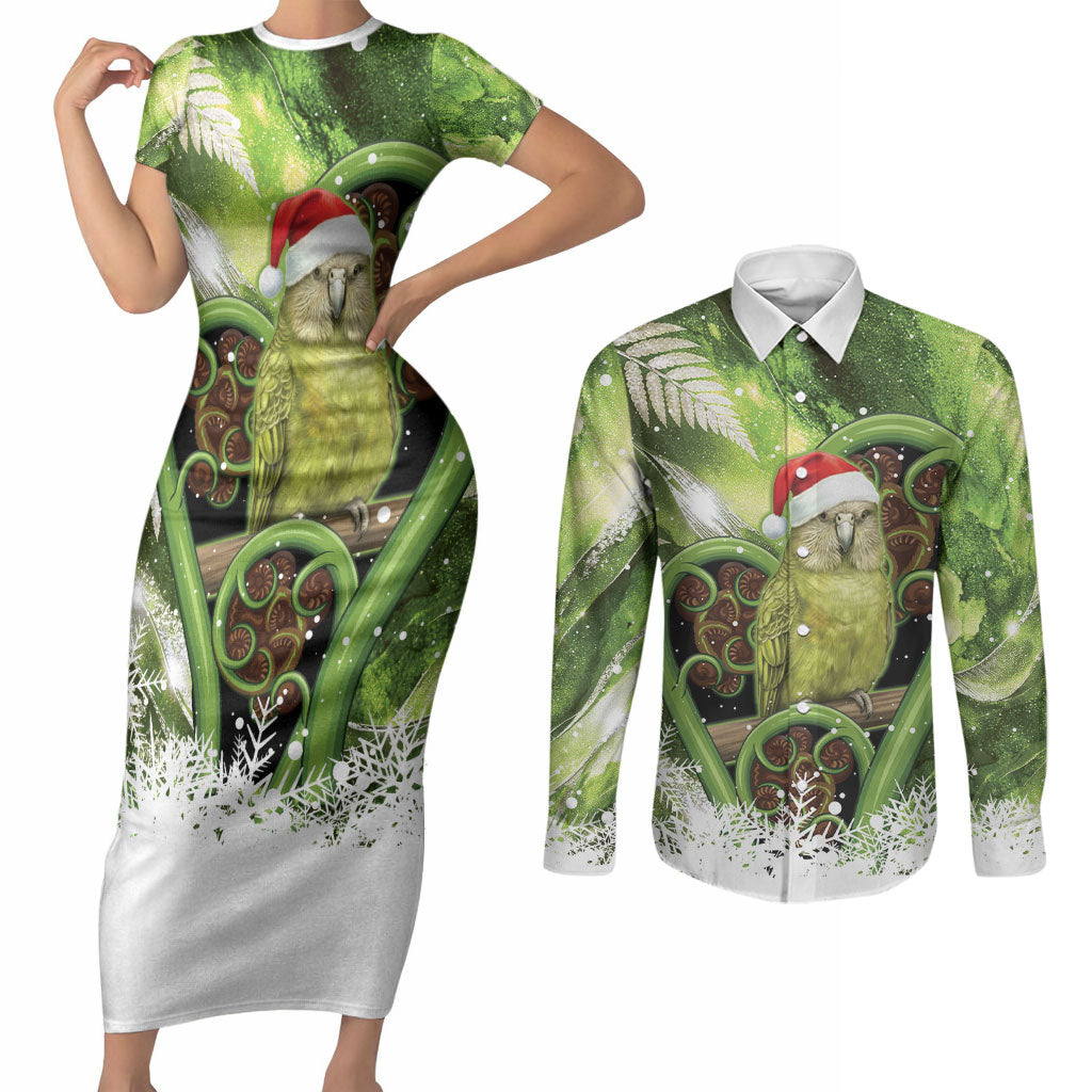 Kakapo New Zealand Christmas In July Couples Matching Short Sleeve Bodycon Dress and Long Sleeve Button Shirt NZ Aroha Koru Fern Marble Vibes LT14 Green - Polynesian Pride