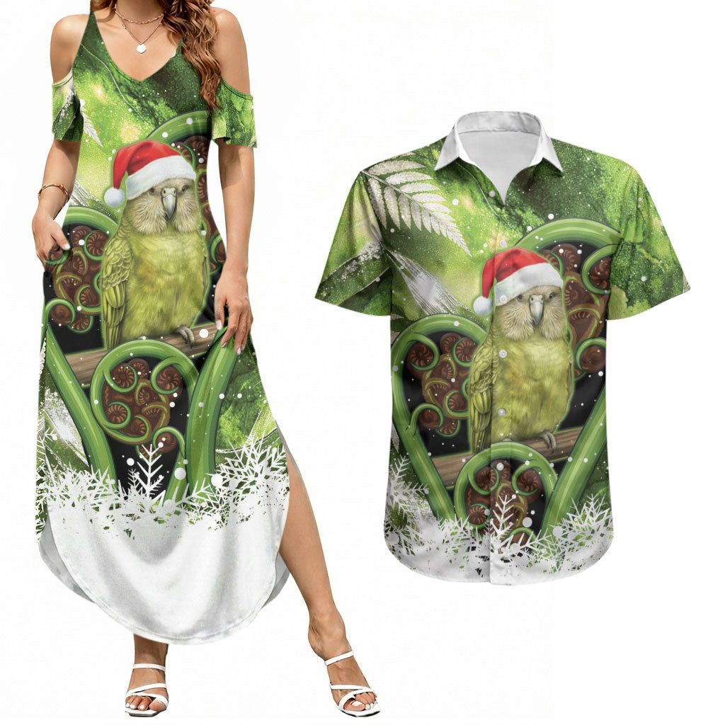Kakapo New Zealand Christmas In July Couples Matching Summer Maxi Dress and Hawaiian Shirt NZ Aroha Koru Fern Marble Vibes LT14 Green - Polynesian Pride