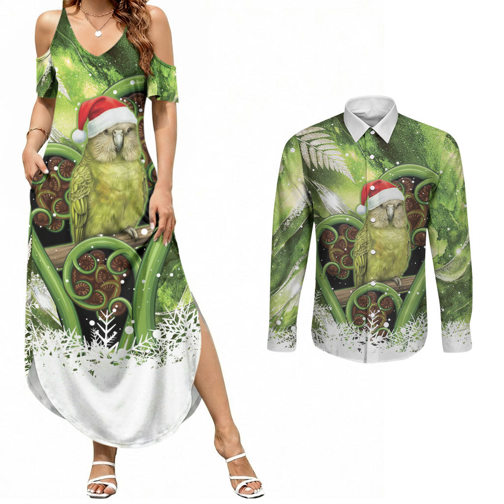 Kakapo New Zealand Christmas In July Couples Matching Summer Maxi Dress and Long Sleeve Button Shirt NZ Aroha Koru Fern Marble Vibes LT14 Green - Polynesian Pride