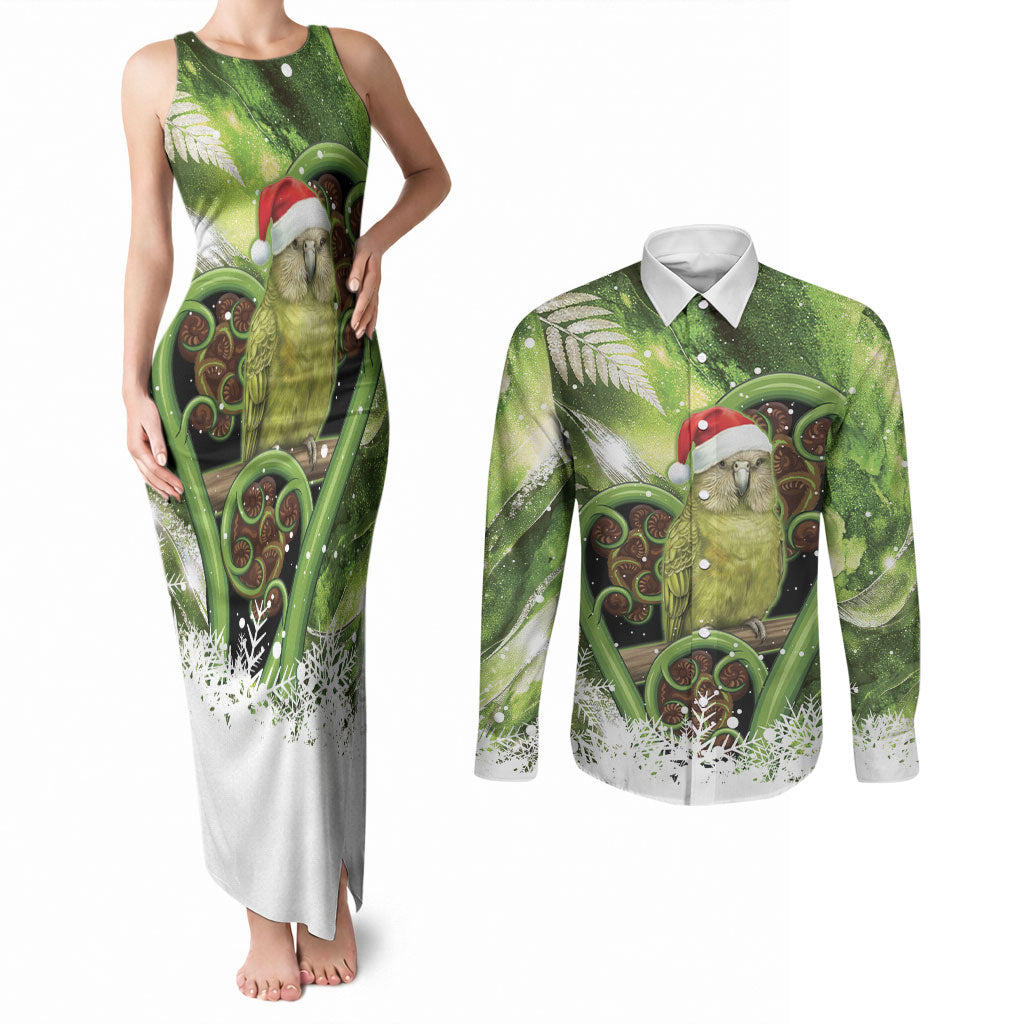 Kakapo New Zealand Christmas In July Couples Matching Tank Maxi Dress and Long Sleeve Button Shirt NZ Aroha Koru Fern Marble Vibes LT14 Green - Polynesian Pride