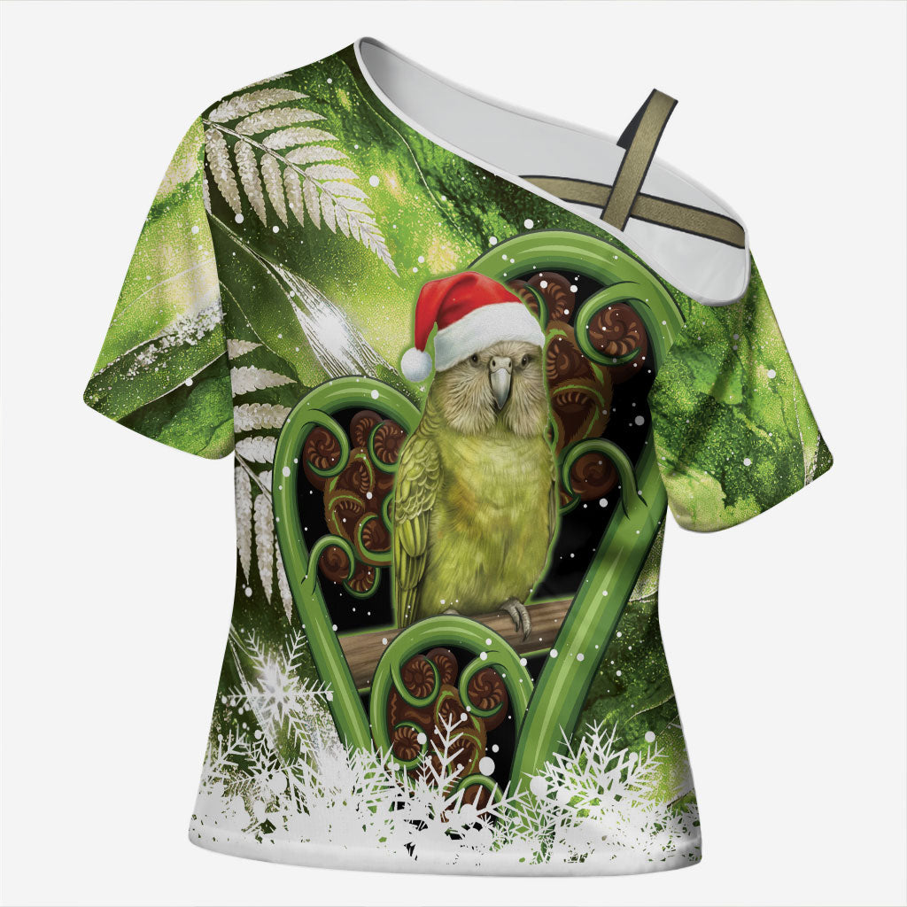 Kakapo New Zealand Christmas In July Cross Shoulder Shirt NZ Aroha Koru Fern Marble Vibes LT14 Female Green - Polynesian Pride