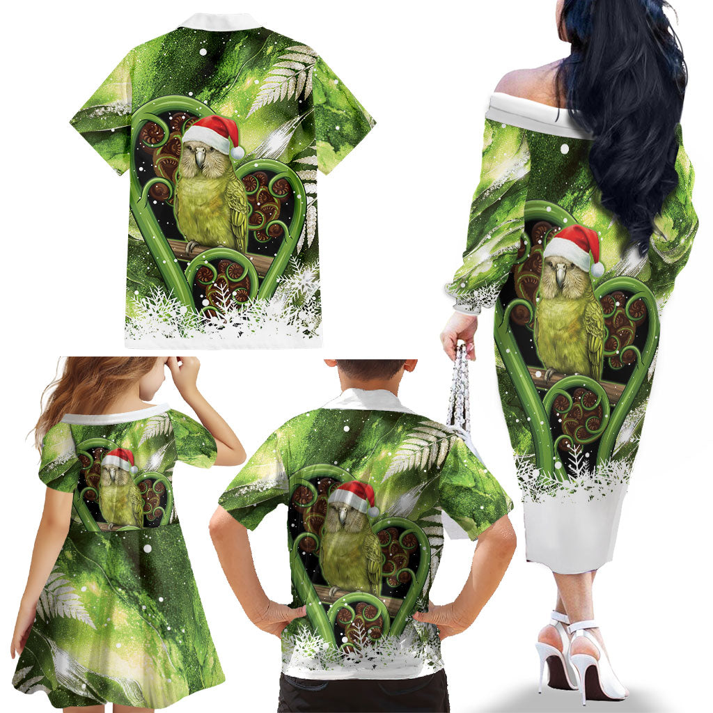 Kakapo New Zealand Christmas In July Family Matching Off The Shoulder Long Sleeve Dress and Hawaiian Shirt NZ Aroha Koru Fern Marble Vibes LT14 - Polynesian Pride