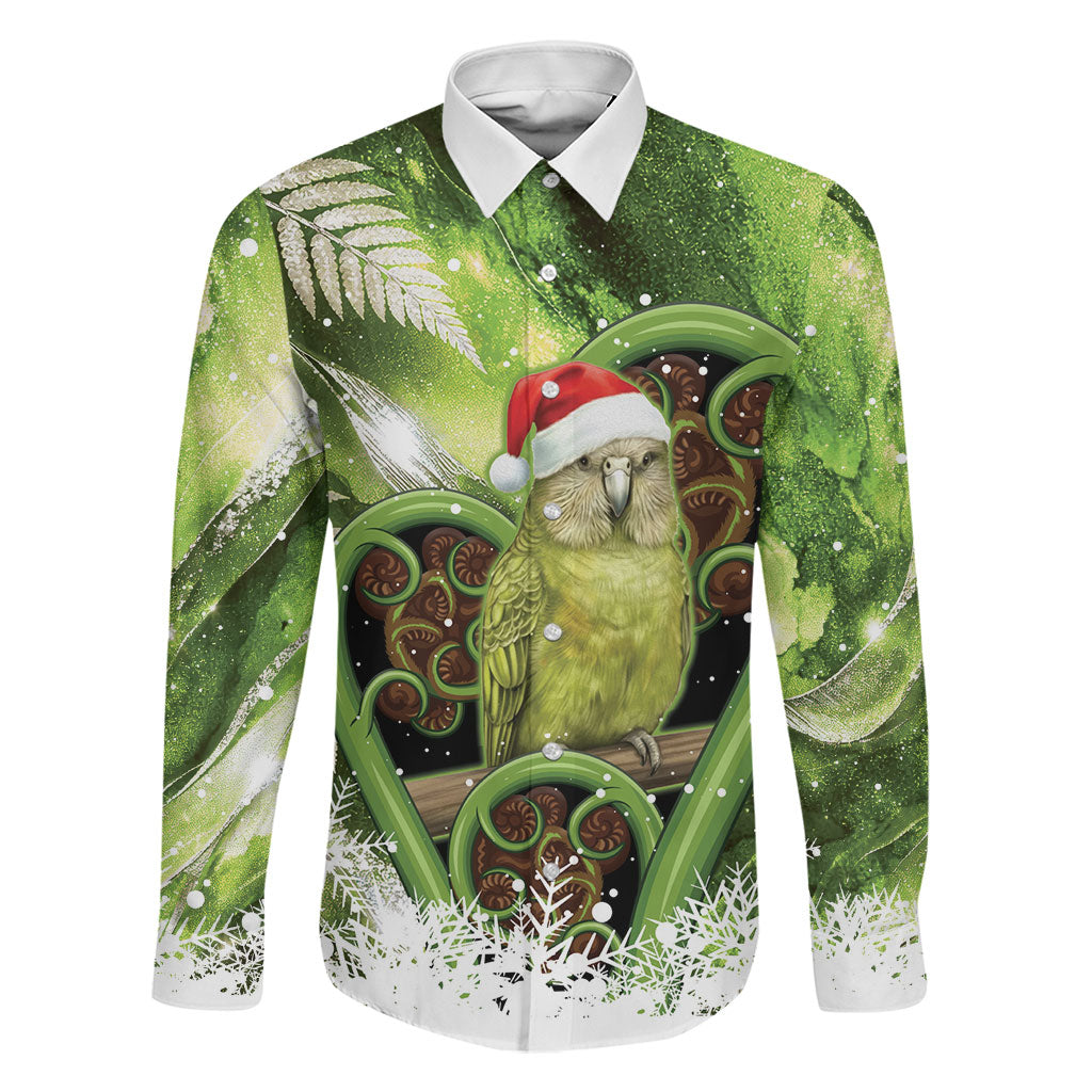 Kakapo New Zealand Christmas In July Family Matching Puletasi and Hawaiian Shirt NZ Aroha Koru Fern Marble Vibes LT14 Dad's Shirt - Long Sleeve Green - Polynesian Pride