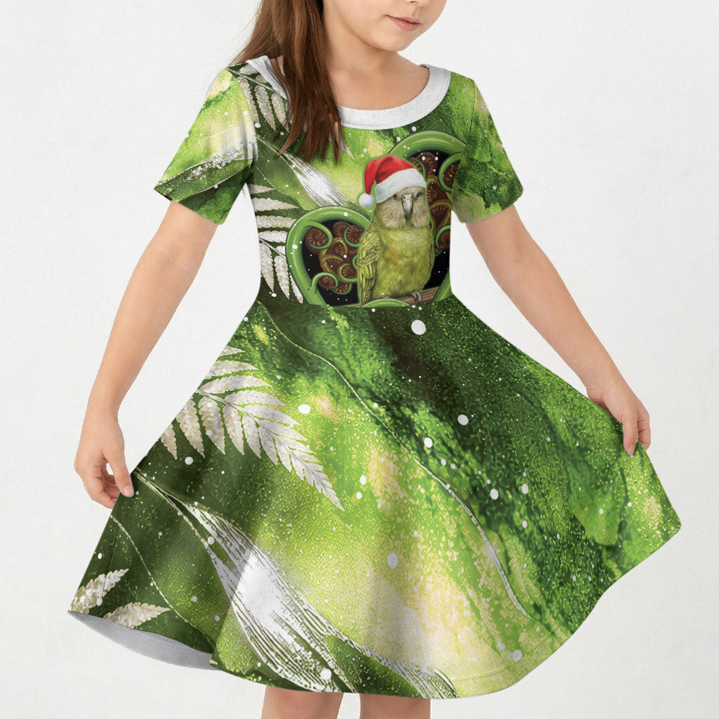 Kakapo New Zealand Christmas In July Kid Short Sleeve Dress NZ Aroha Koru Fern Marble Vibes LT14 KID Green - Polynesian Pride
