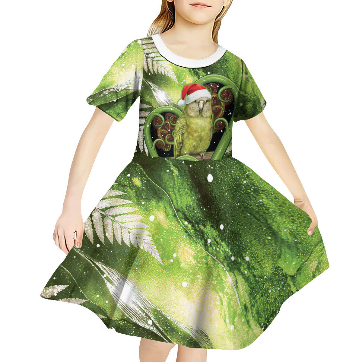 Kakapo New Zealand Christmas In July Kid Short Sleeve Dress NZ Aroha Koru Fern Marble Vibes LT14 - Polynesian Pride