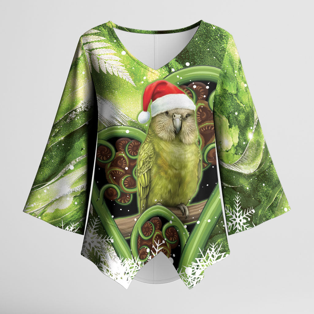 Kakapo New Zealand Christmas In July Kimono Sleeve Blouse NZ Aroha Koru Fern Marble Vibes LT14 Female Green - Polynesian Pride