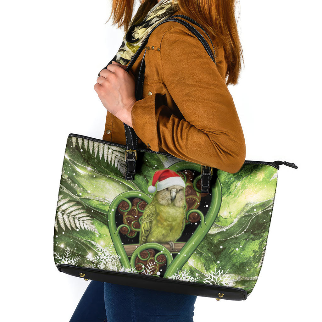 Kakapo New Zealand Christmas In July Leather Tote Bag NZ Aroha Koru Fern Marble Vibes LT14 Green - Polynesian Pride