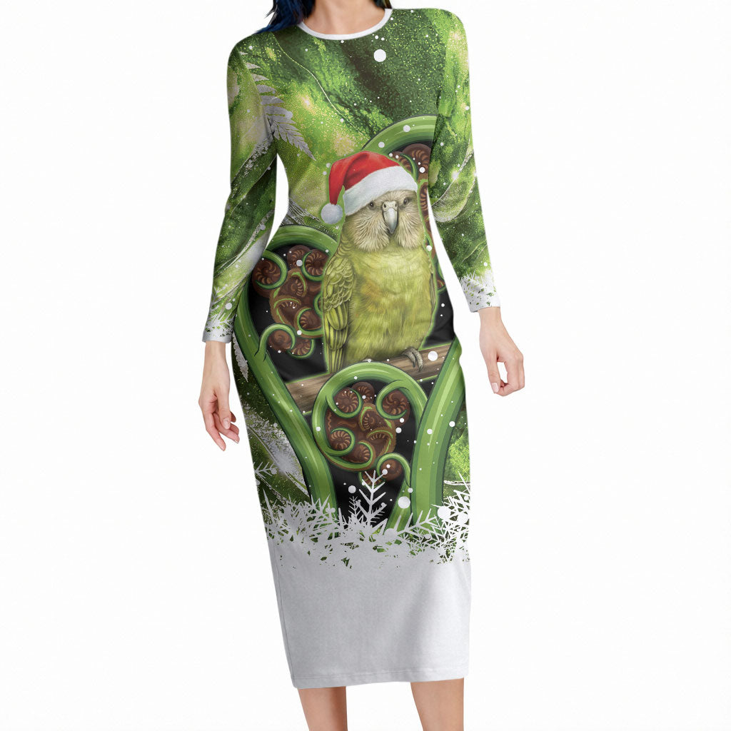 Kakapo New Zealand Christmas In July Long Sleeve Bodycon Dress NZ Aroha Koru Fern Marble Vibes LT14 Long Dress Green - Polynesian Pride