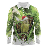 Kakapo New Zealand Christmas In July Long Sleeve Polo Shirt NZ Aroha Koru Fern Marble Vibes LT14 Green - Polynesian Pride