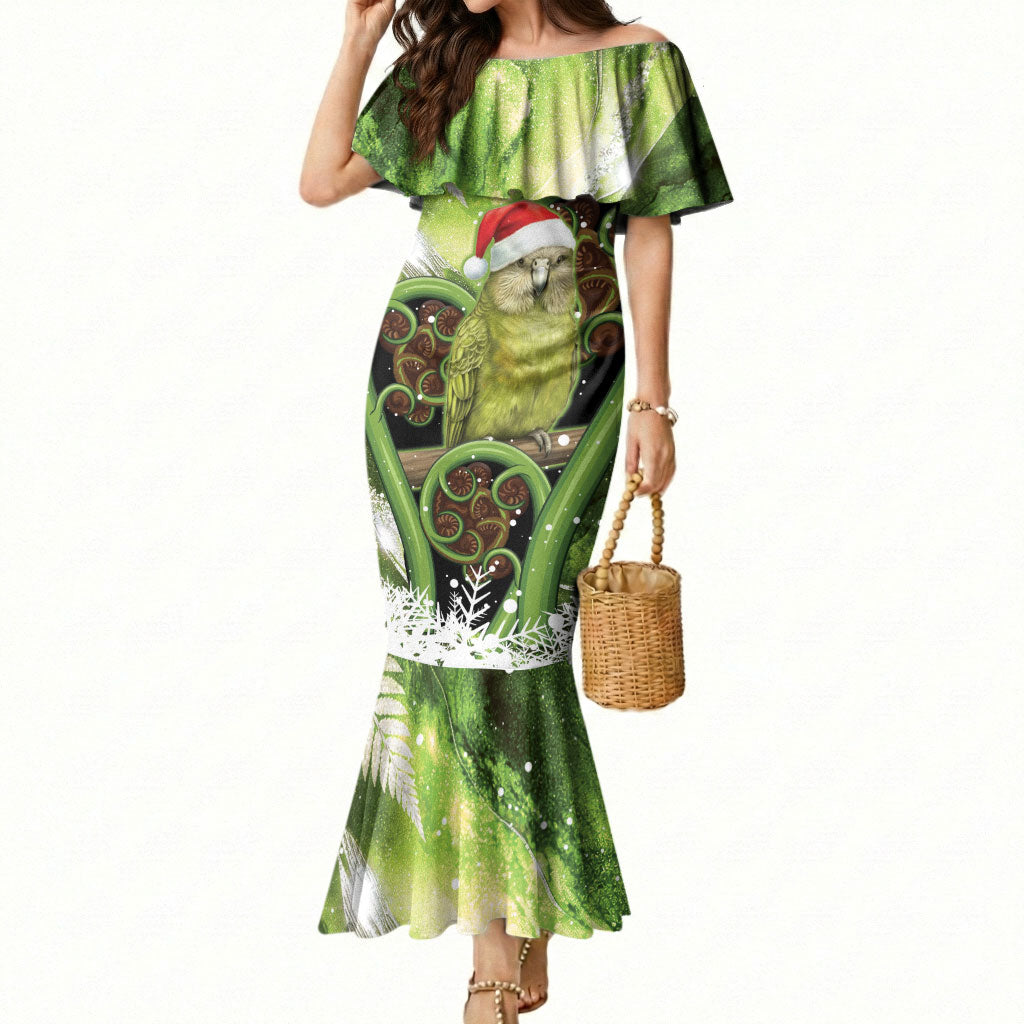 Kakapo New Zealand Christmas In July Mermaid Dress NZ Aroha Koru Fern Marble Vibes LT14 Women Green - Polynesian Pride