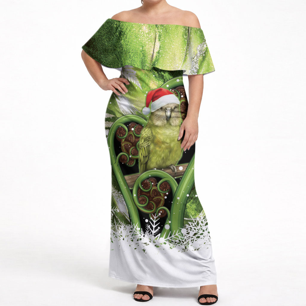 Kakapo New Zealand Christmas In July Off Shoulder Maxi Dress NZ Aroha Koru Fern Marble Vibes LT14 Women Green - Polynesian Pride