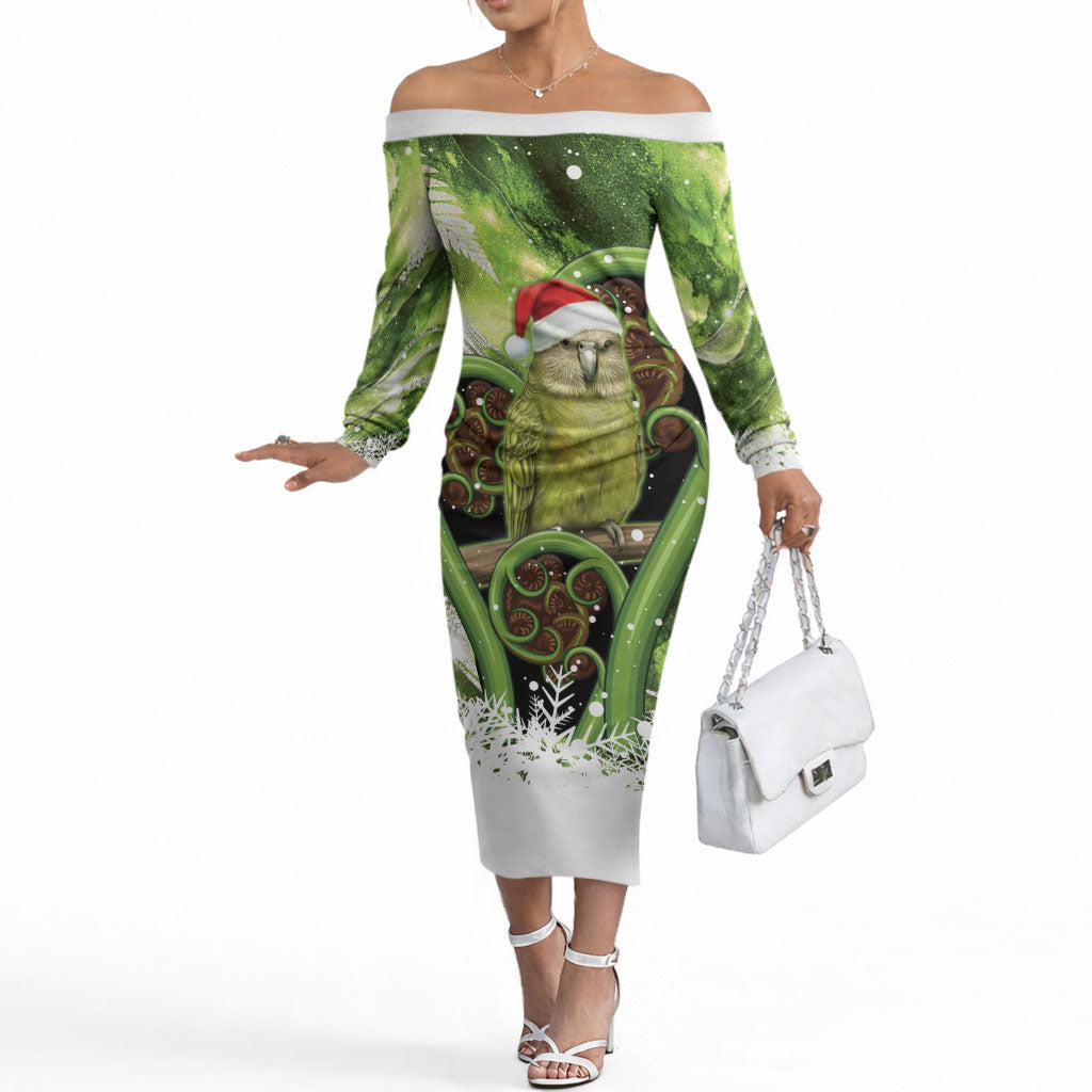Kakapo New Zealand Christmas In July Off The Shoulder Long Sleeve Dress NZ Aroha Koru Fern Marble Vibes LT14 Women Green - Polynesian Pride