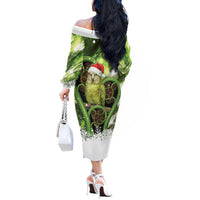Kakapo New Zealand Christmas In July Off The Shoulder Long Sleeve Dress NZ Aroha Koru Fern Marble Vibes LT14 - Polynesian Pride