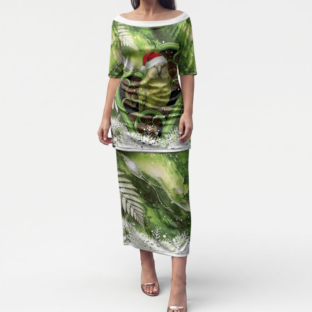 Kakapo New Zealand Christmas In July Puletasi NZ Aroha Koru Fern Marble Vibes LT14 Long Dress Green - Polynesian Pride
