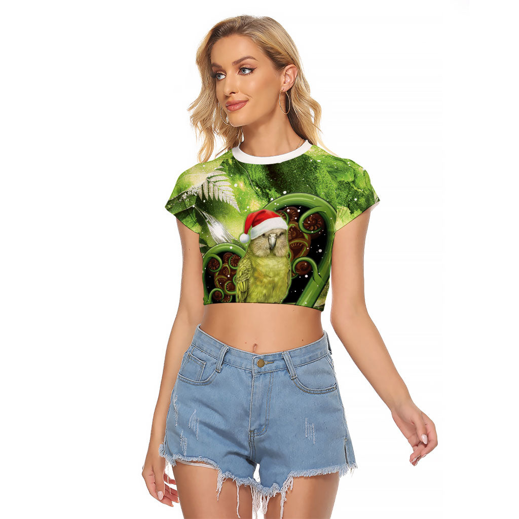Kakapo New Zealand Christmas In July Raglan Cropped T Shirt NZ Aroha Koru Fern Marble Vibes LT14 Female Green - Polynesian Pride