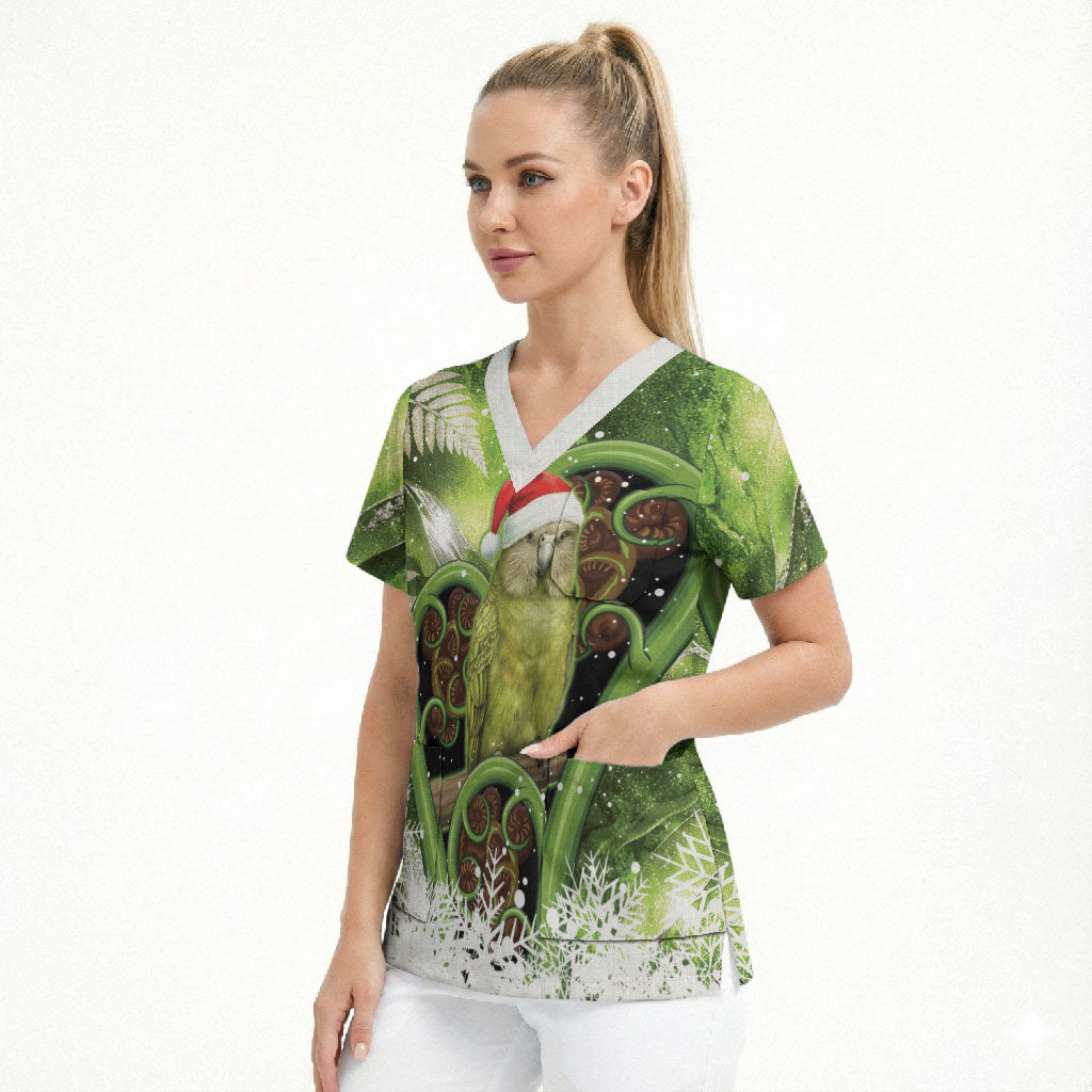 Kakapo New Zealand Christmas In July Scrub Top NZ Aroha Koru Fern Marble Vibes LT14 - Polynesian Pride
