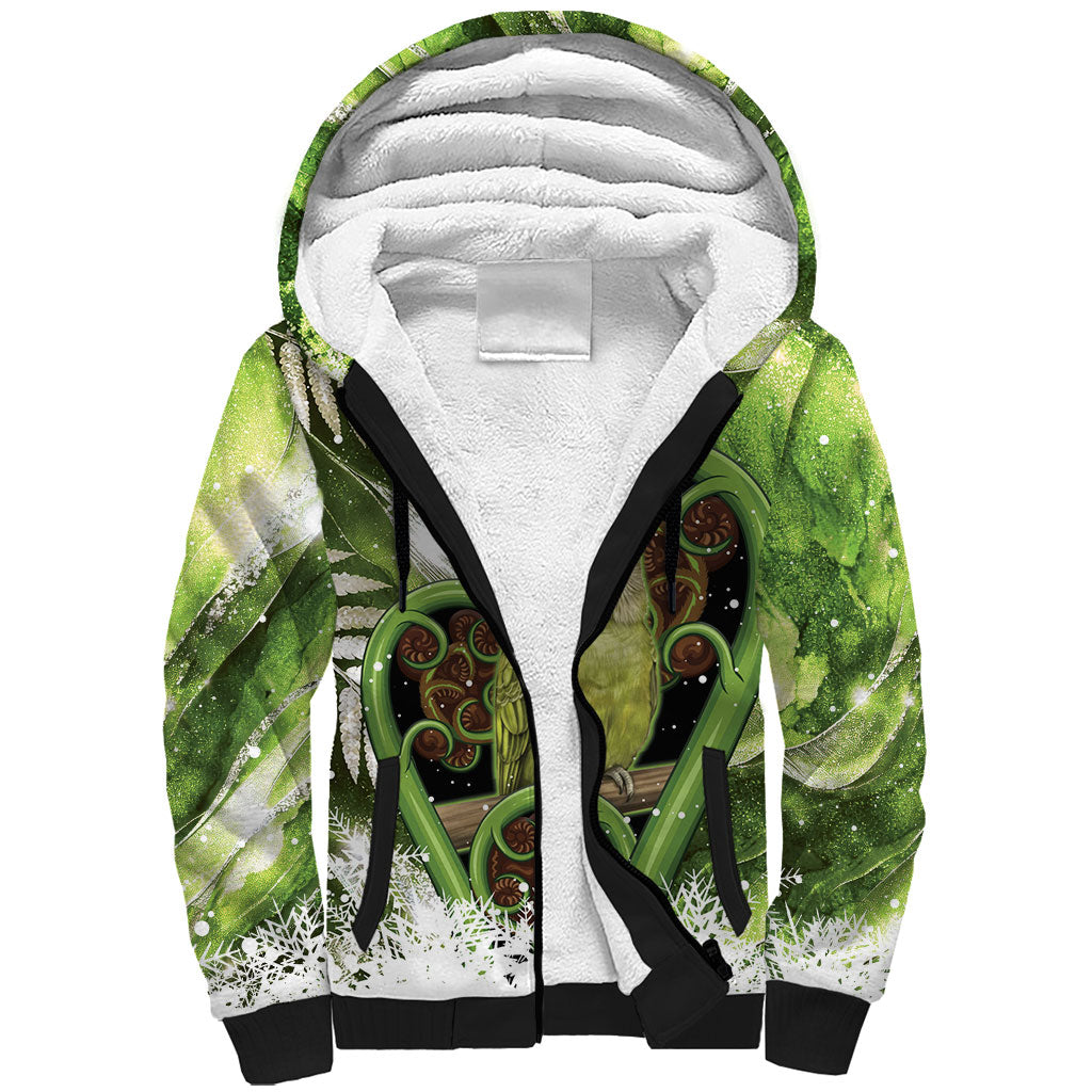 Kakapo New Zealand Christmas In July Sherpa Hoodie NZ Aroha Koru Fern Marble Vibes LT14 Unisex Green - Polynesian Pride