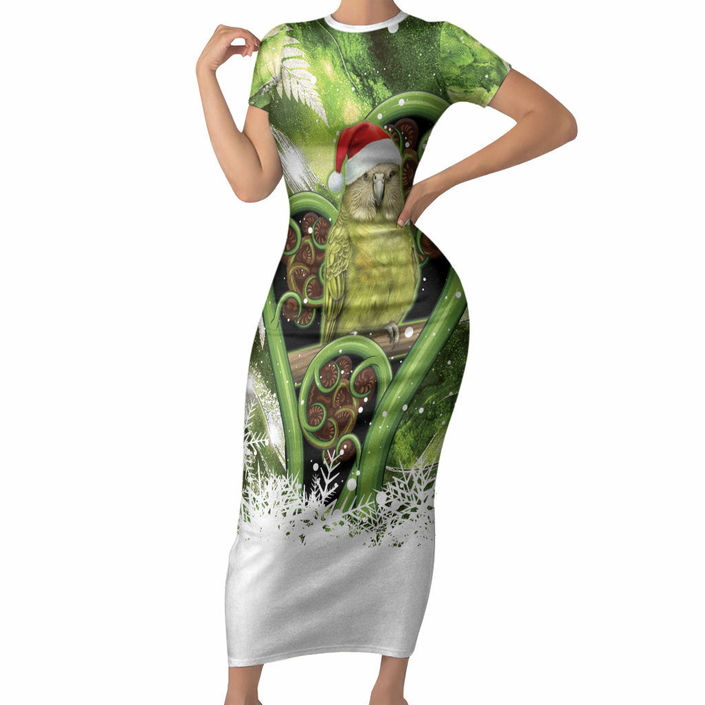 Kakapo New Zealand Christmas In July Short Sleeve Bodycon Dress NZ Aroha Koru Fern Marble Vibes LT14 Long Dress Green - Polynesian Pride