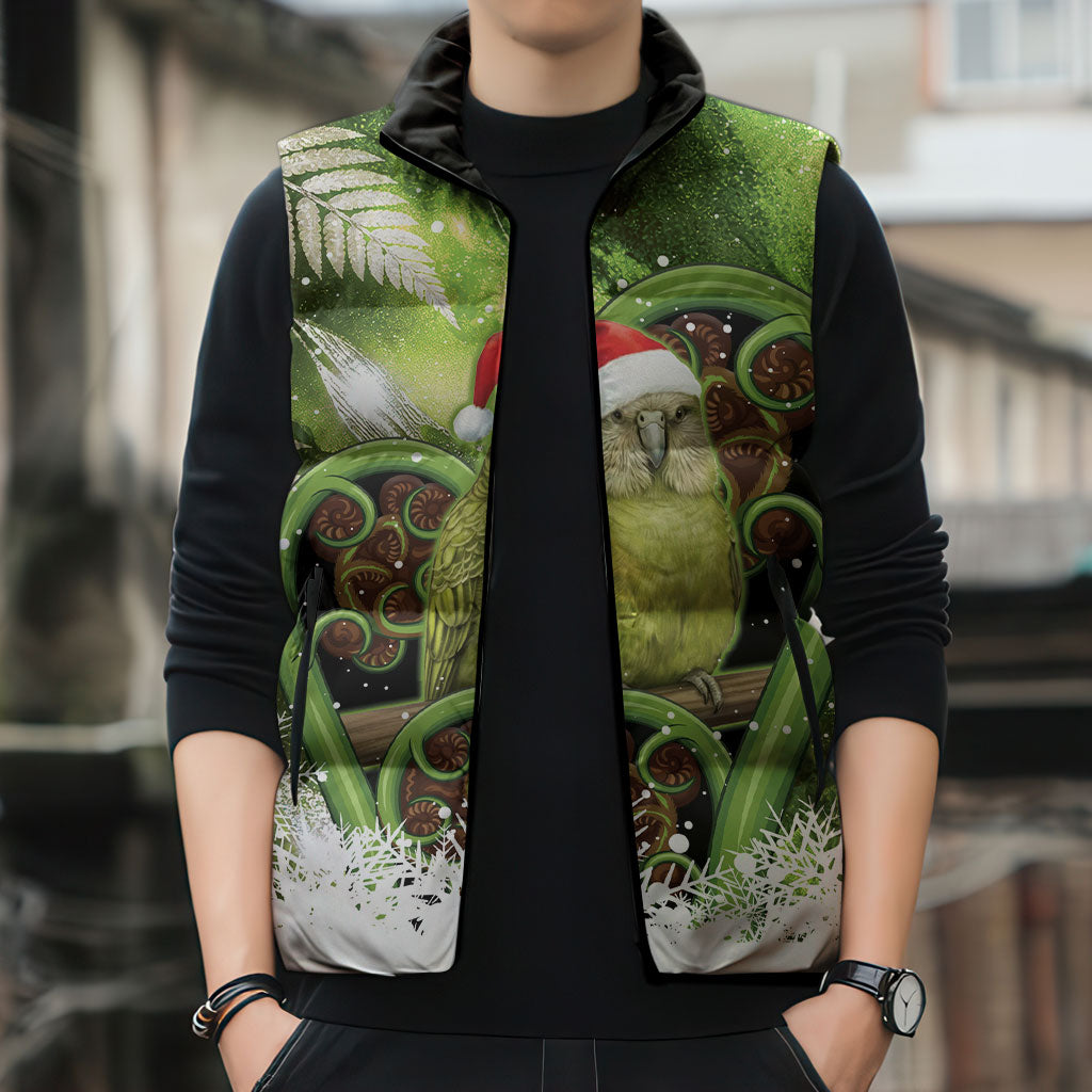 Kakapo New Zealand Christmas In July Sleeveless Puffer Jacket NZ Aroha Koru Fern Marble Vibes LT14 - Polynesian Pride