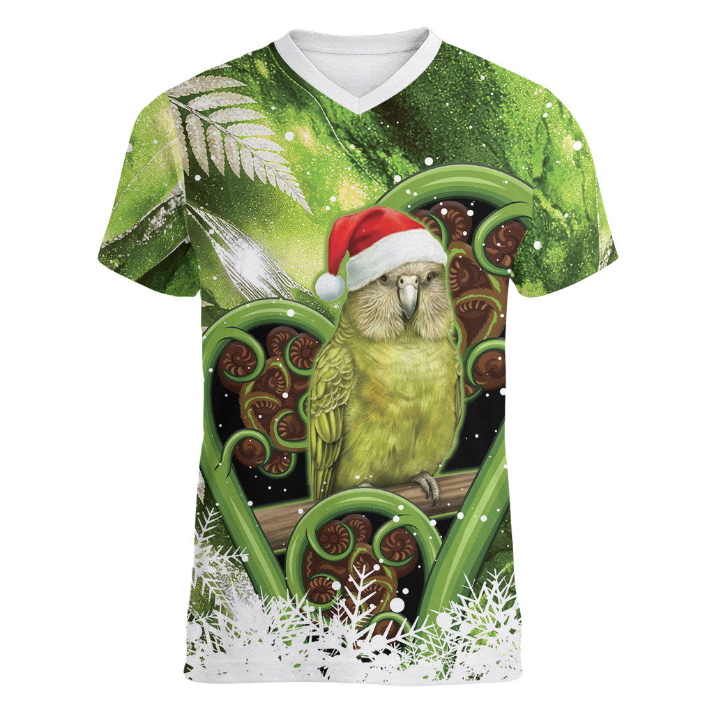 Kakapo New Zealand Christmas In July Women V-Neck T-Shirt NZ Aroha Koru Fern Marble Vibes LT14 Female Green - Polynesian Pride