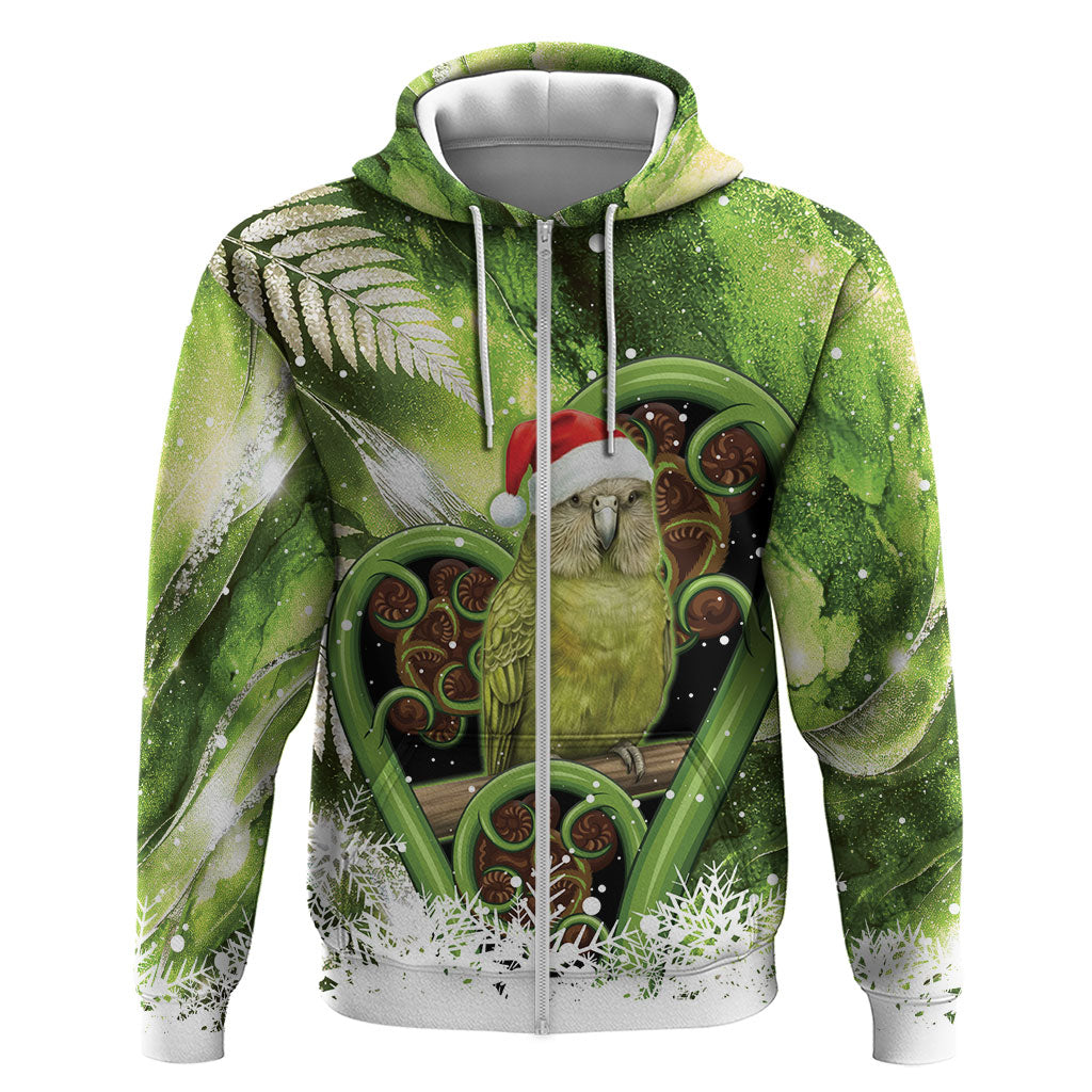 Kakapo New Zealand Christmas In July Zip Hoodie NZ Aroha Koru Fern Marble Vibes LT14 Zip Hoodie Green - Polynesian Pride