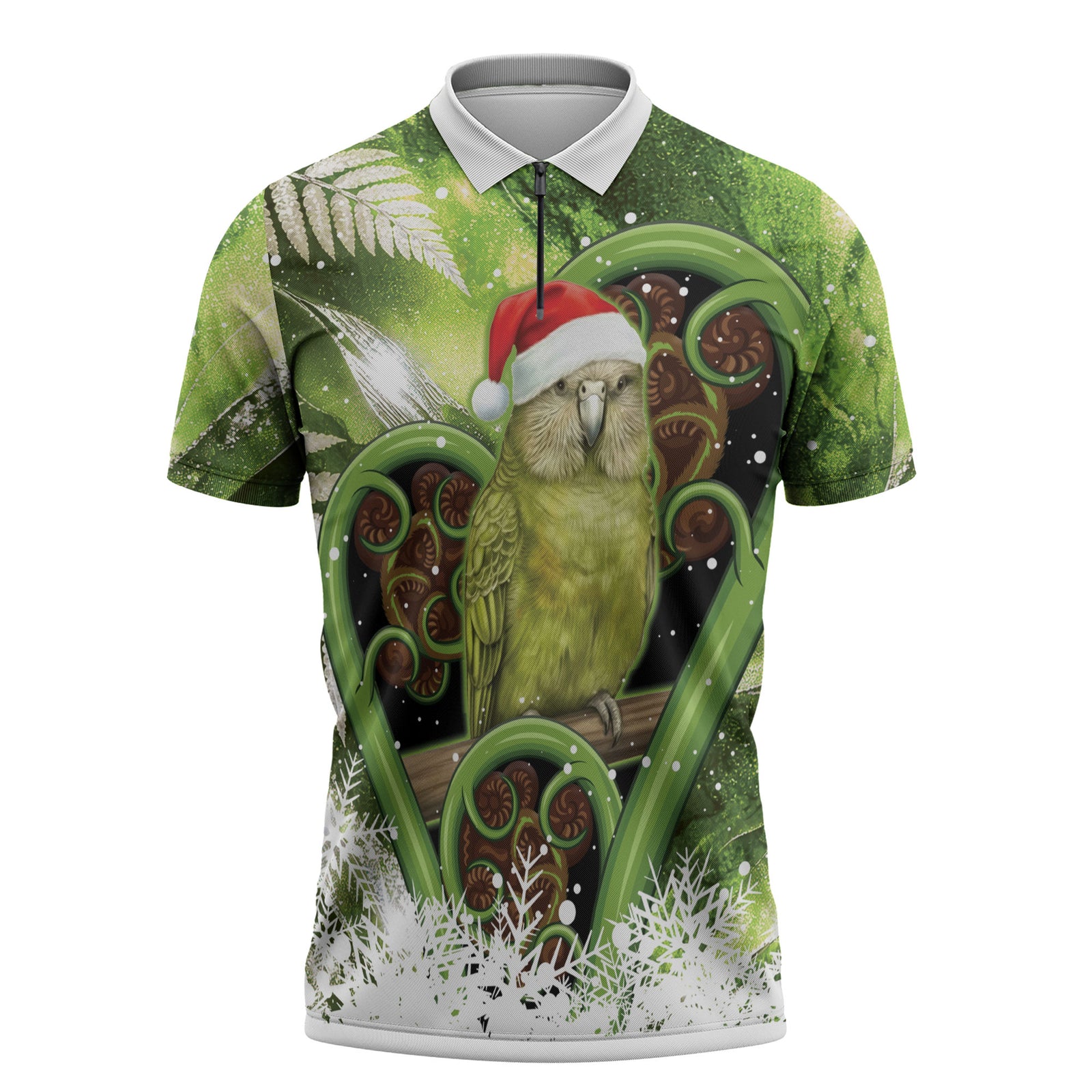 Kakapo New Zealand Christmas In July Zipper Polo Shirt NZ Aroha Koru Fern Marble Vibes LT14 Green - Polynesian Pride