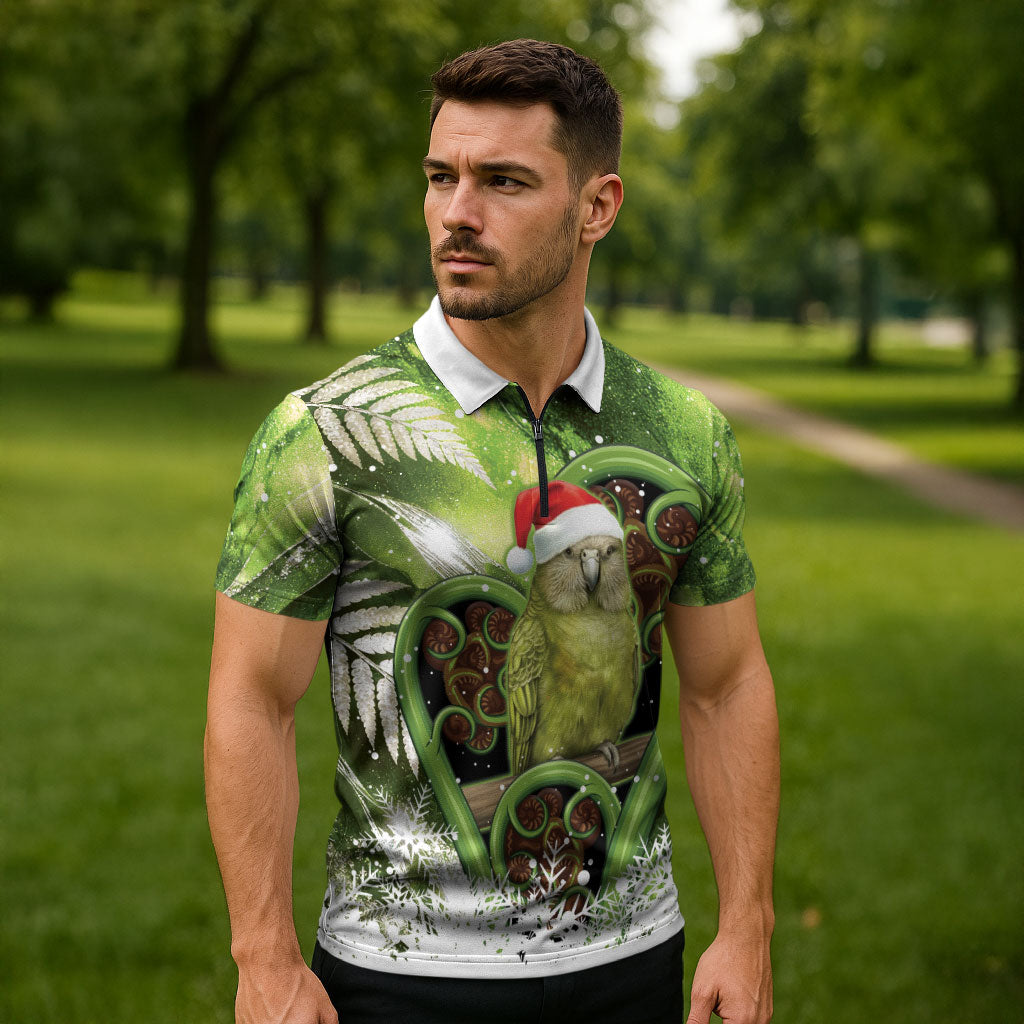 Kakapo New Zealand Christmas In July Zipper Polo Shirt NZ Aroha Koru Fern Marble Vibes LT14 - Polynesian Pride