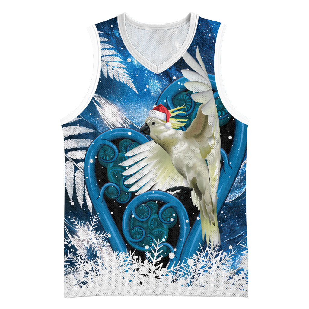 Sulphur-crested Cockatoo New Zealand Christmas In July Basketball Jersey NZ Aroha Koru Fern Marble Vibes LT14 Unisex Blue - Polynesian Pride