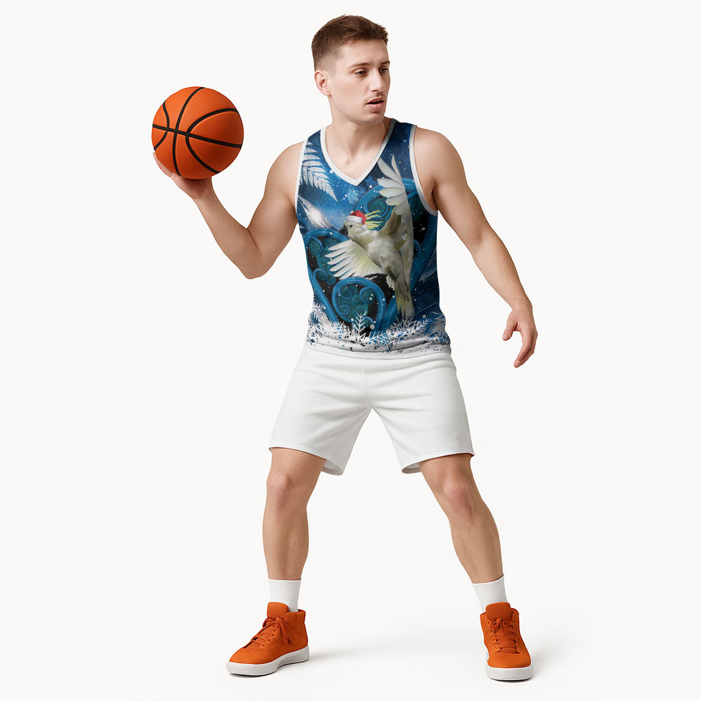Sulphur-crested Cockatoo New Zealand Christmas In July Basketball Jersey NZ Aroha Koru Fern Marble Vibes LT14 - Polynesian Pride