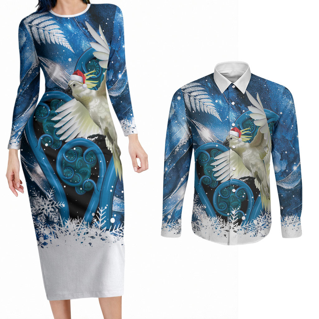 Sulphur-crested Cockatoo New Zealand Christmas In July Couples Matching Long Sleeve Bodycon Dress and Long Sleeve Button Shirt NZ Aroha Koru Fern Marble Vibes LT14 Blue - Polynesian Pride