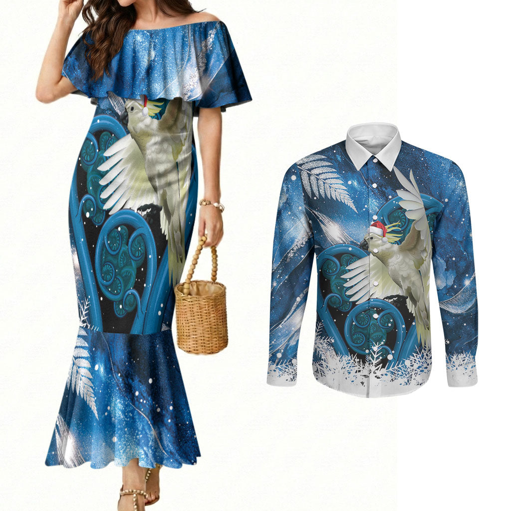 Sulphur-crested Cockatoo New Zealand Christmas In July Couples Matching Mermaid Dress and Long Sleeve Button Shirt NZ Aroha Koru Fern Marble Vibes LT14 Blue - Polynesian Pride