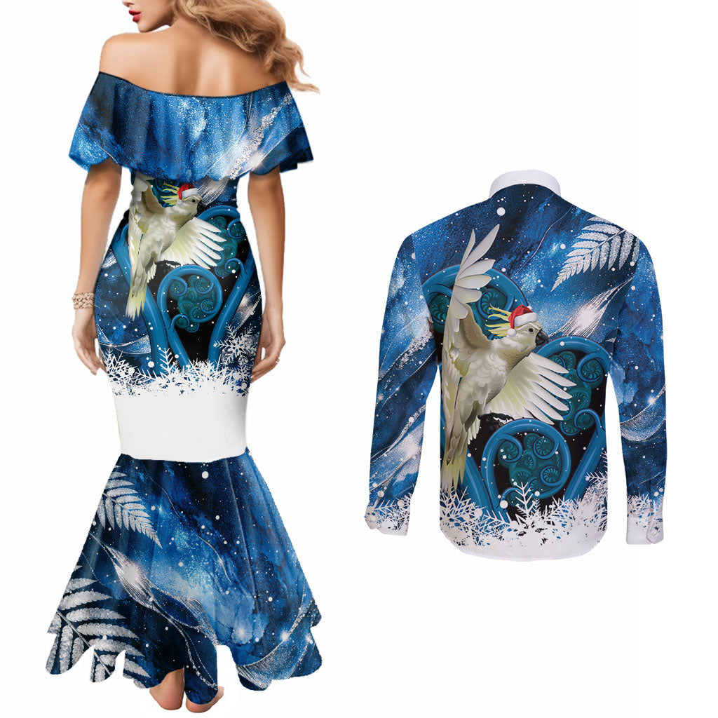Sulphur-crested Cockatoo New Zealand Christmas In July Couples Matching Mermaid Dress and Long Sleeve Button Shirt NZ Aroha Koru Fern Marble Vibes LT14 - Polynesian Pride
