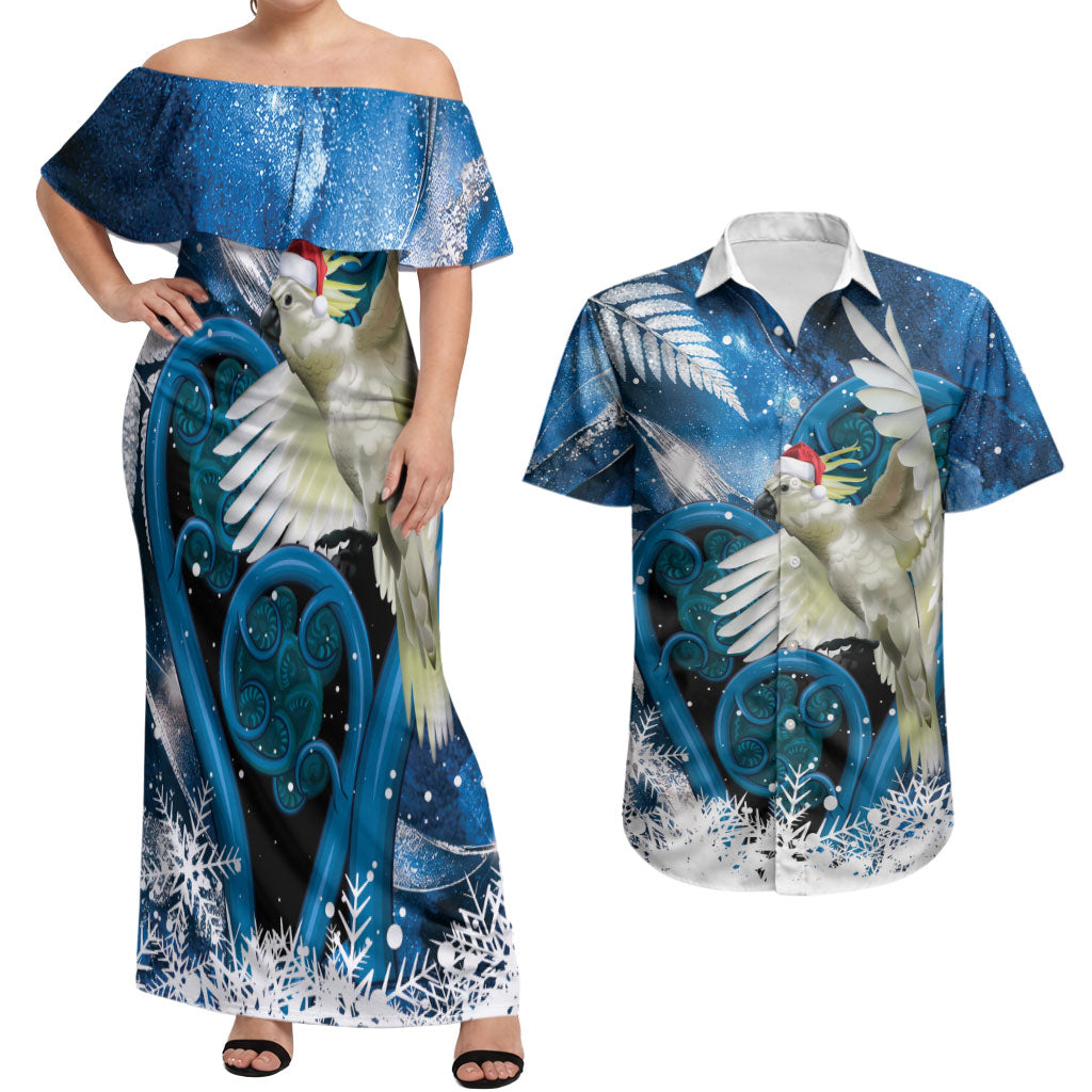 Sulphur-crested Cockatoo New Zealand Christmas In July Couples Matching Off Shoulder Maxi Dress and Hawaiian Shirt NZ Aroha Koru Fern Marble Vibes LT14 Blue - Polynesian Pride