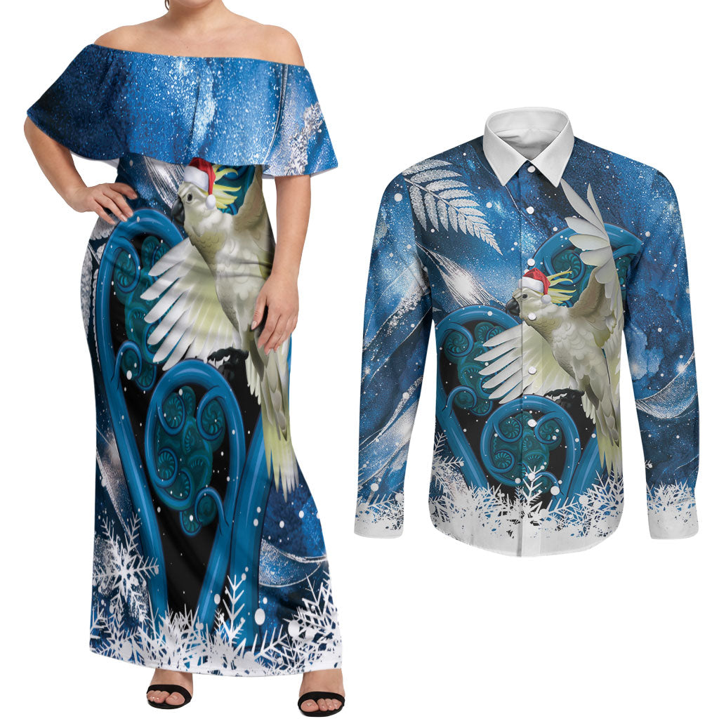 Sulphur-crested Cockatoo New Zealand Christmas In July Couples Matching Off Shoulder Maxi Dress and Long Sleeve Button Shirt NZ Aroha Koru Fern Marble Vibes LT14 Blue - Polynesian Pride