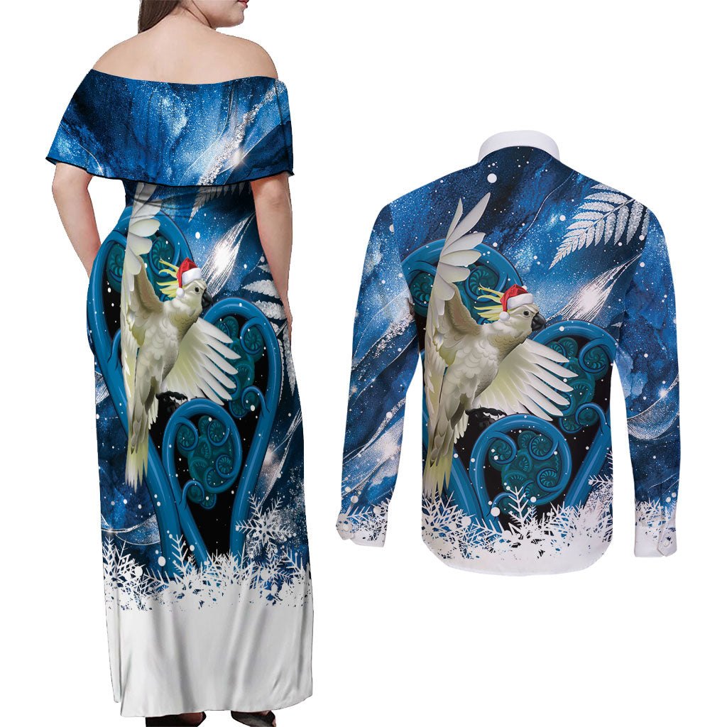 Sulphur-crested Cockatoo New Zealand Christmas In July Couples Matching Off Shoulder Maxi Dress and Long Sleeve Button Shirt NZ Aroha Koru Fern Marble Vibes LT14 - Polynesian Pride