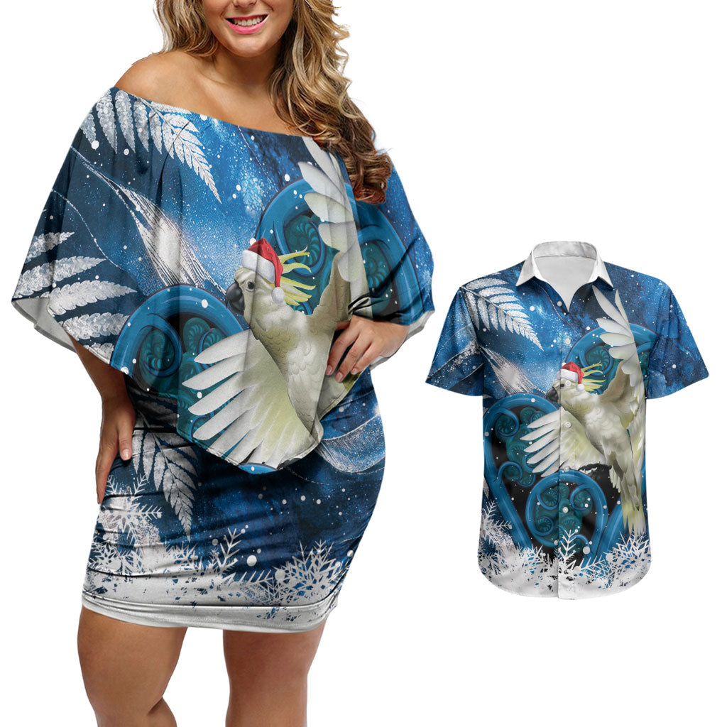 Sulphur-crested Cockatoo New Zealand Christmas In July Couples Matching Off Shoulder Short Dress and Hawaiian Shirt NZ Aroha Koru Fern Marble Vibes LT14 Blue - Polynesian Pride