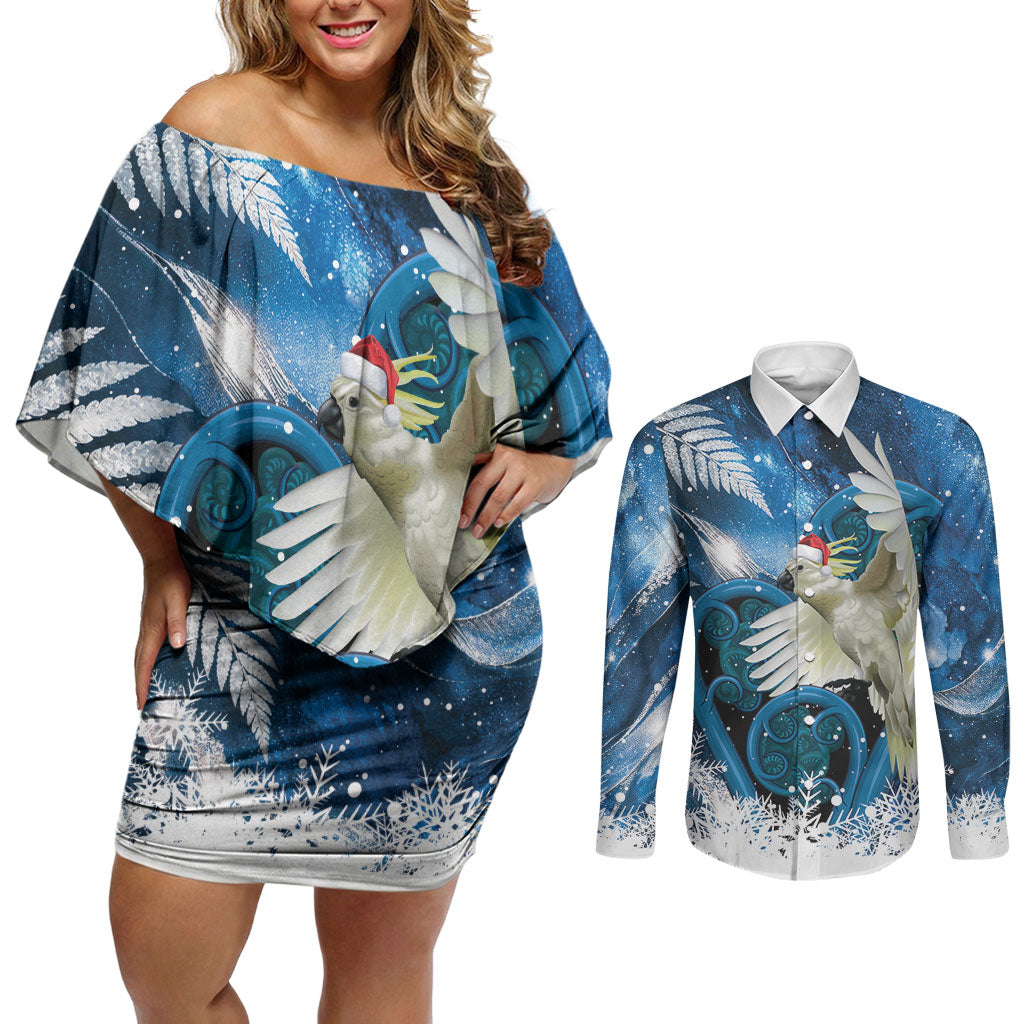 Sulphur-crested Cockatoo New Zealand Christmas In July Couples Matching Off Shoulder Short Dress and Long Sleeve Button Shirt NZ Aroha Koru Fern Marble Vibes LT14 Blue - Polynesian Pride