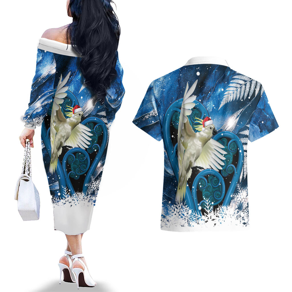 Sulphur-crested Cockatoo New Zealand Christmas In July Couples Matching Off The Shoulder Long Sleeve Dress and Hawaiian Shirt NZ Aroha Koru Fern Marble Vibes LT14 - Polynesian Pride