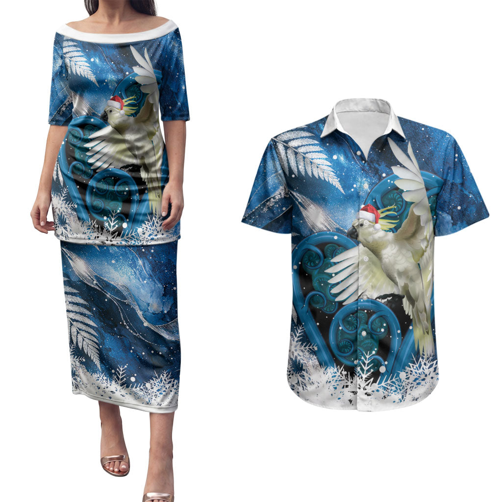 Sulphur-crested Cockatoo New Zealand Christmas In July Couples Matching Puletasi and Hawaiian Shirt NZ Aroha Koru Fern Marble Vibes LT14 Blue - Polynesian Pride