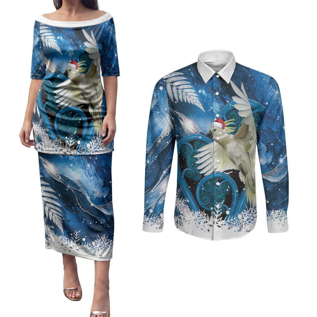 Sulphur-crested Cockatoo New Zealand Christmas In July Couples Matching Puletasi and Long Sleeve Button Shirt NZ Aroha Koru Fern Marble Vibes LT14 Blue - Polynesian Pride
