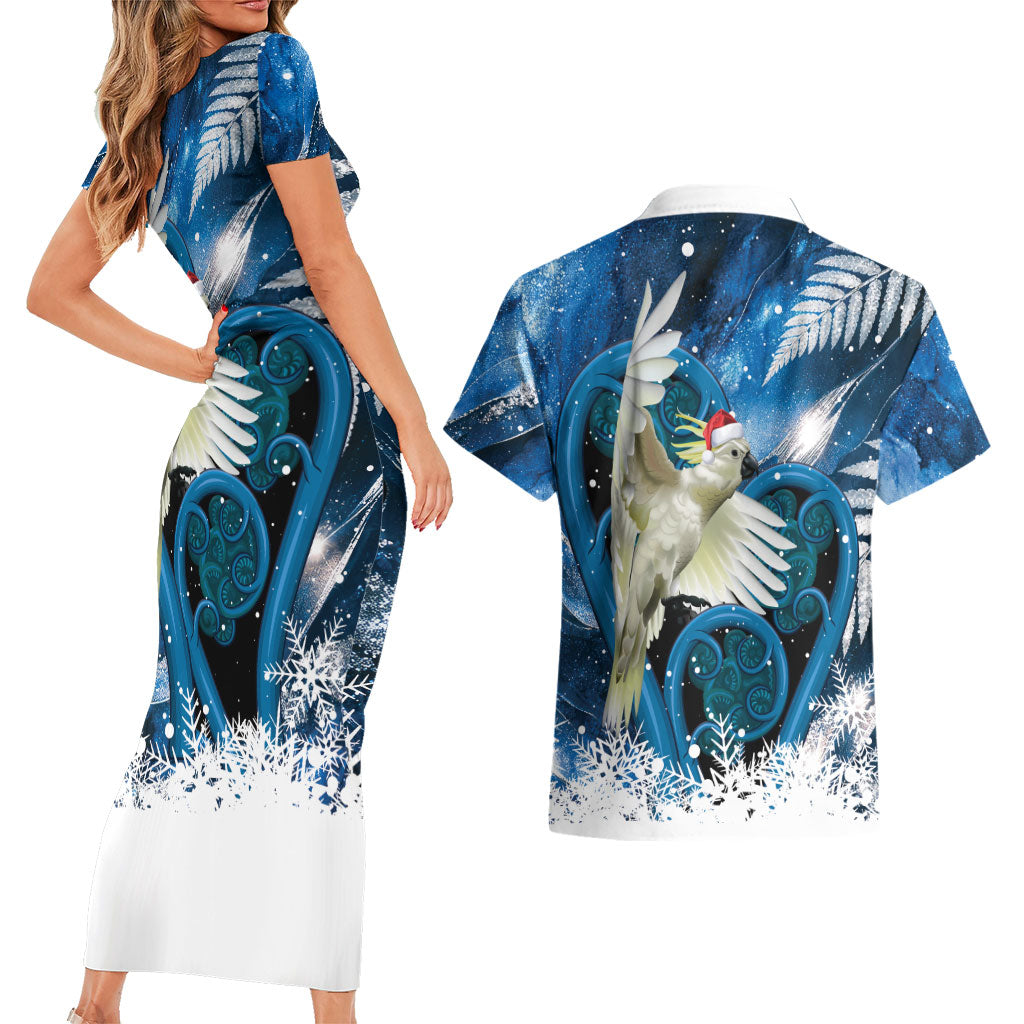 Sulphur-crested Cockatoo New Zealand Christmas In July Couples Matching Short Sleeve Bodycon Dress and Hawaiian Shirt NZ Aroha Koru Fern Marble Vibes LT14 - Polynesian Pride