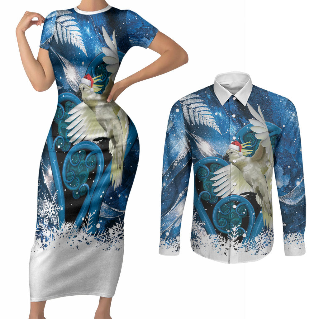 Sulphur-crested Cockatoo New Zealand Christmas In July Couples Matching Short Sleeve Bodycon Dress and Long Sleeve Button Shirt NZ Aroha Koru Fern Marble Vibes LT14 Blue - Polynesian Pride