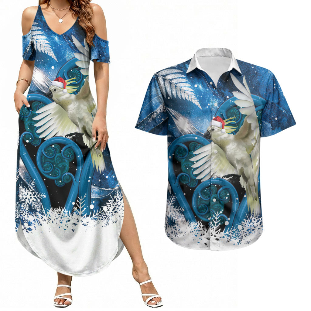 Sulphur-crested Cockatoo New Zealand Christmas In July Couples Matching Summer Maxi Dress and Hawaiian Shirt NZ Aroha Koru Fern Marble Vibes LT14 Blue - Polynesian Pride